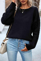 Hello Fall Cable Knit Crew Neck Sweater-MXSTUDIO.COM