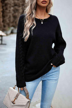 Hello Fall Cable Knit Crew Neck Sweater-MXSTUDIO.COM