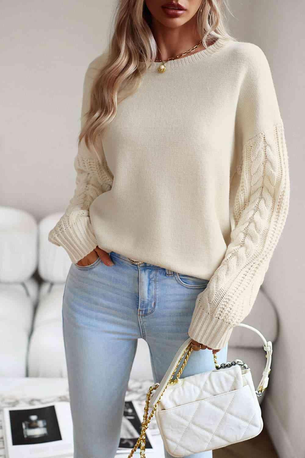 Hello Fall Cable Knit Crew Neck Sweater-MXSTUDIO.COM