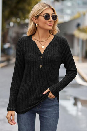 Hello Fall Quarter Buttoned Rib Knit Sweater-MXSTUDIO.COM