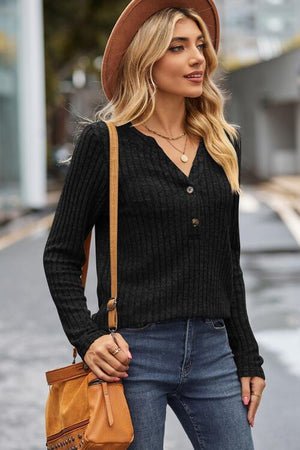 Hello Fall Quarter Buttoned Rib Knit Sweater-MXSTUDIO.COM