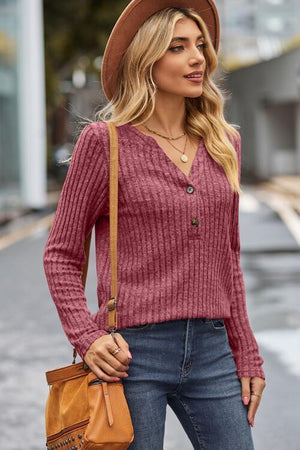 Hello Fall Quarter Buttoned Rib Knit Sweater-MXSTUDIO.COM