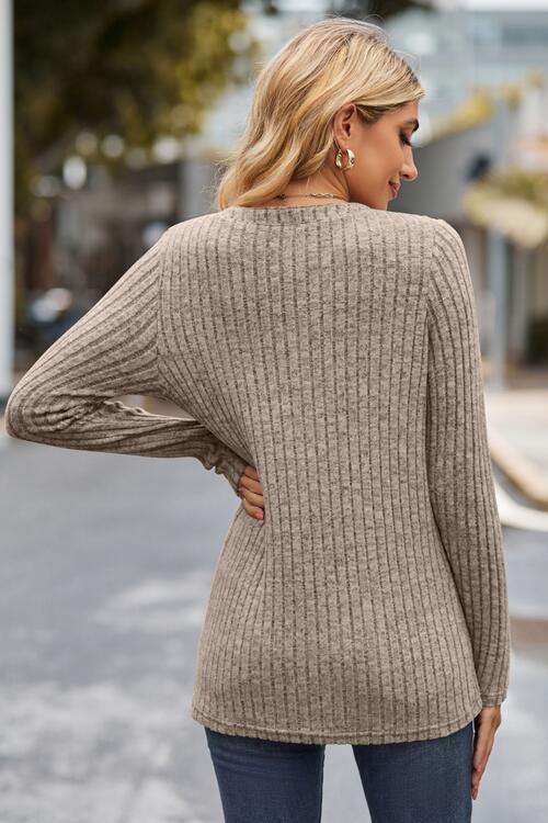 Hello Fall Quarter Buttoned Rib Knit Sweater-MXSTUDIO.COM