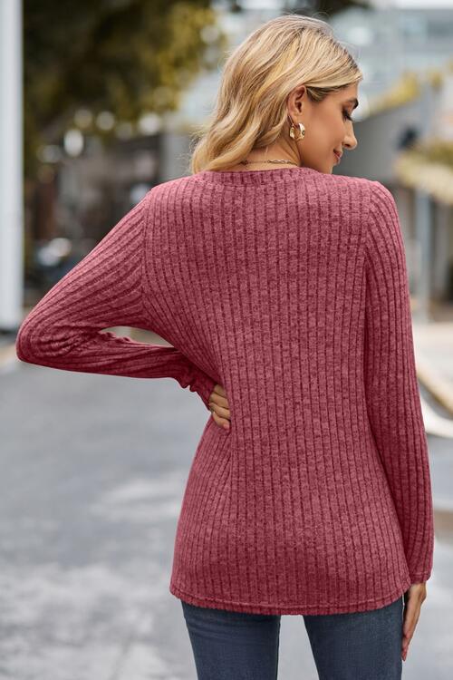 Hello Fall Quarter Buttoned Rib Knit Sweater-MXSTUDIO.COM