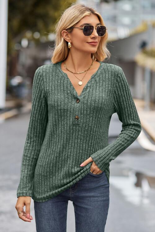 Hello Fall Quarter Buttoned Rib Knit Sweater-MXSTUDIO.COM