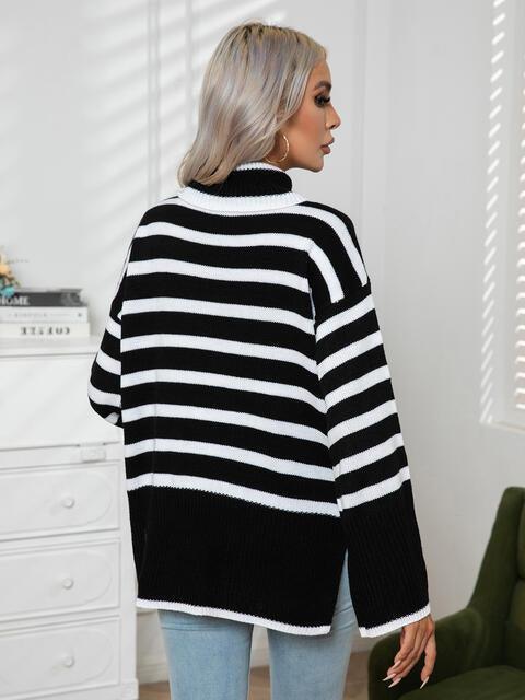 Hello Fall Slit Turtle Neck Striped Sweater - MXSTUDIO.COM