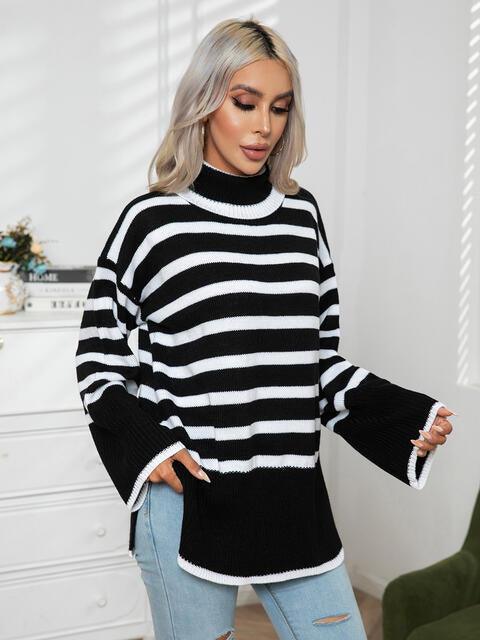 Hello Fall Slit Turtle Neck Striped Sweater - MXSTUDIO.COM