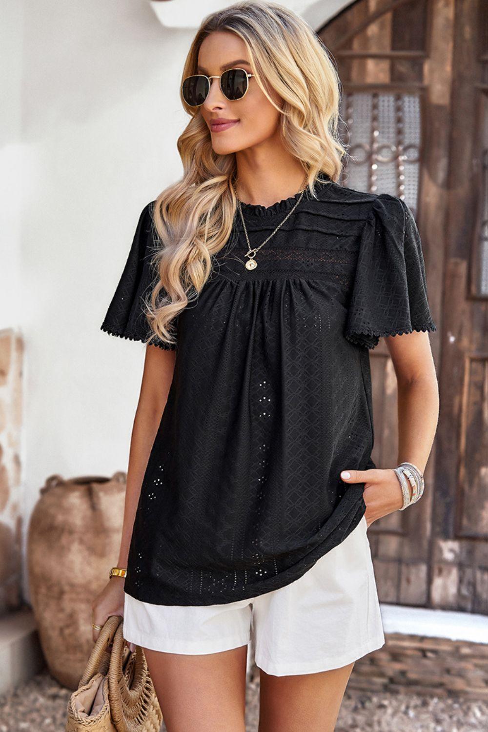 Hello Sunday Frill Neck Short Flutter Sleeve Blouse - MXSTUDIO.COM