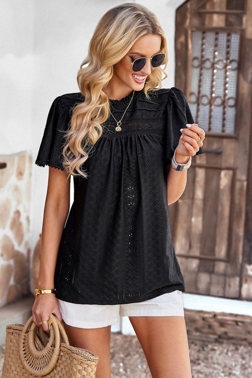 Hello Sunday Frill Neck Short Flutter Sleeve Blouse - MXSTUDIO.COM