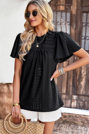 Hello Sunday Frill Neck Short Flutter Sleeve Blouse - MXSTUDIO.COM