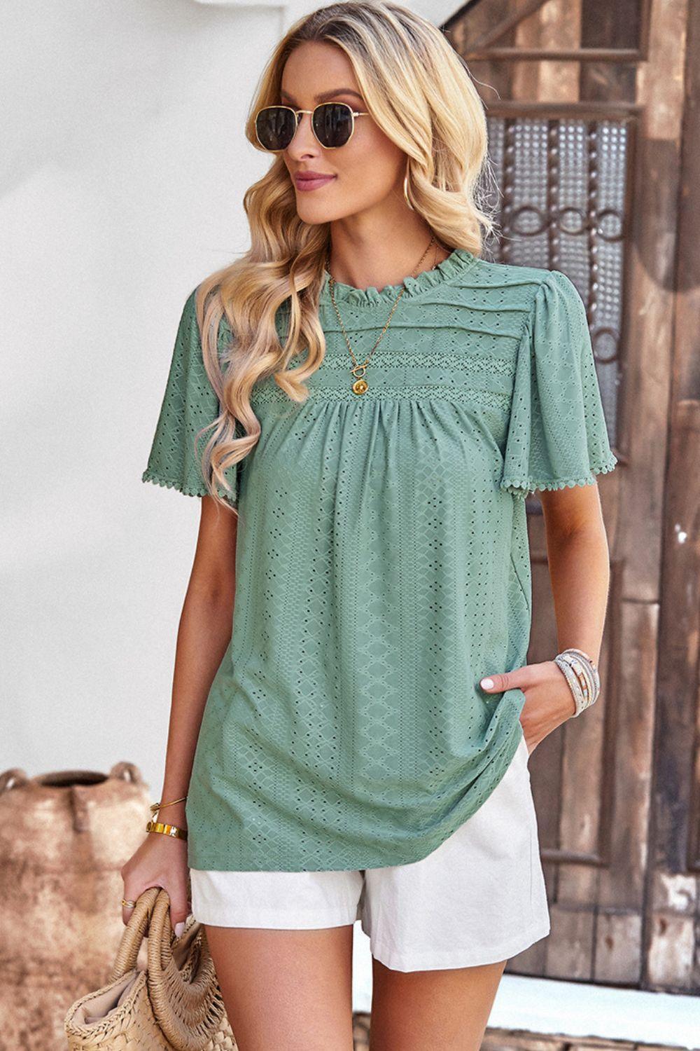 Hello Sunday Frill Neck Short Flutter Sleeve Blouse - MXSTUDIO.COM