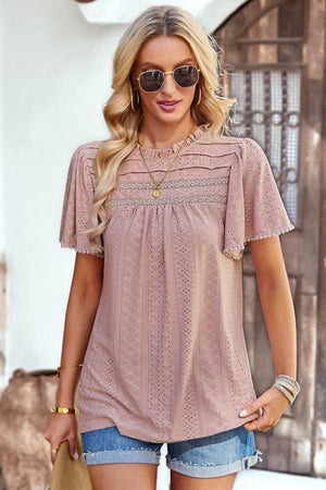 Hello Sunday Frill Neck Short Flutter Sleeve Blouse - MXSTUDIO.COM