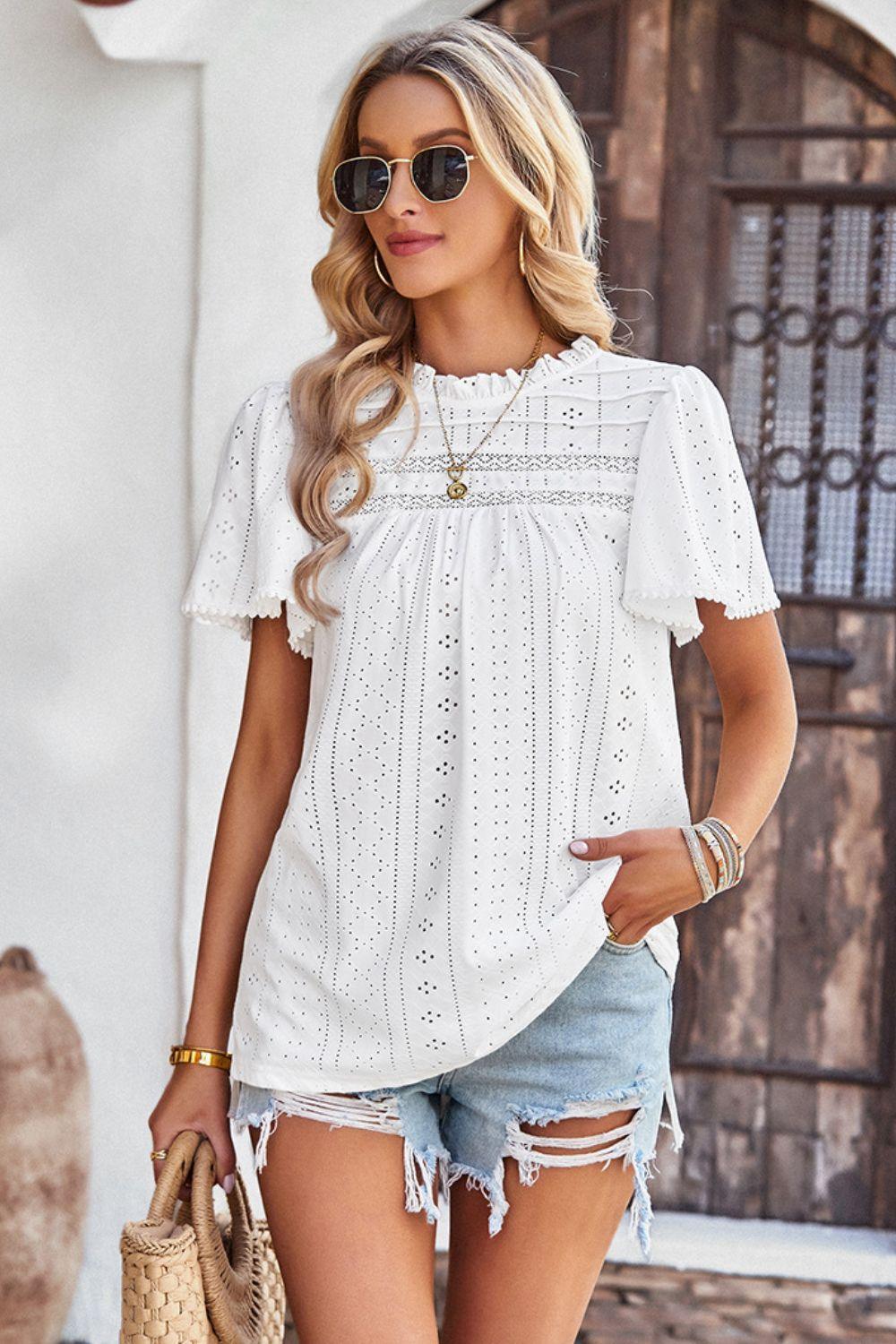 Hello Sunday Frill Neck Short Flutter Sleeve Blouse - MXSTUDIO.COM