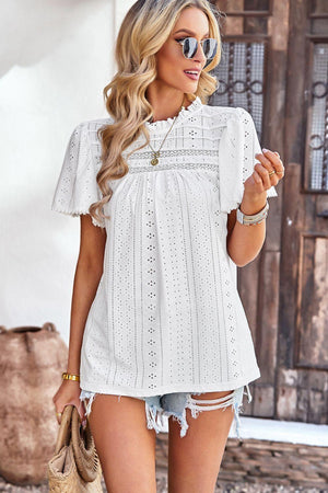 Hello Sunday Frill Neck Short Flutter Sleeve Blouse - MXSTUDIO.COM