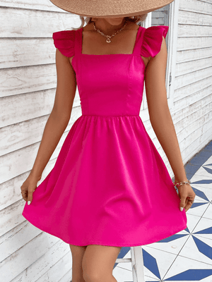 Hey Barbie Ruffled Square Neck Pink Mini Dress - MXSTUDIO.COM