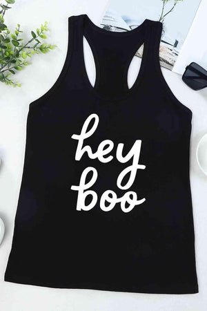 a black tank top that says hey boo