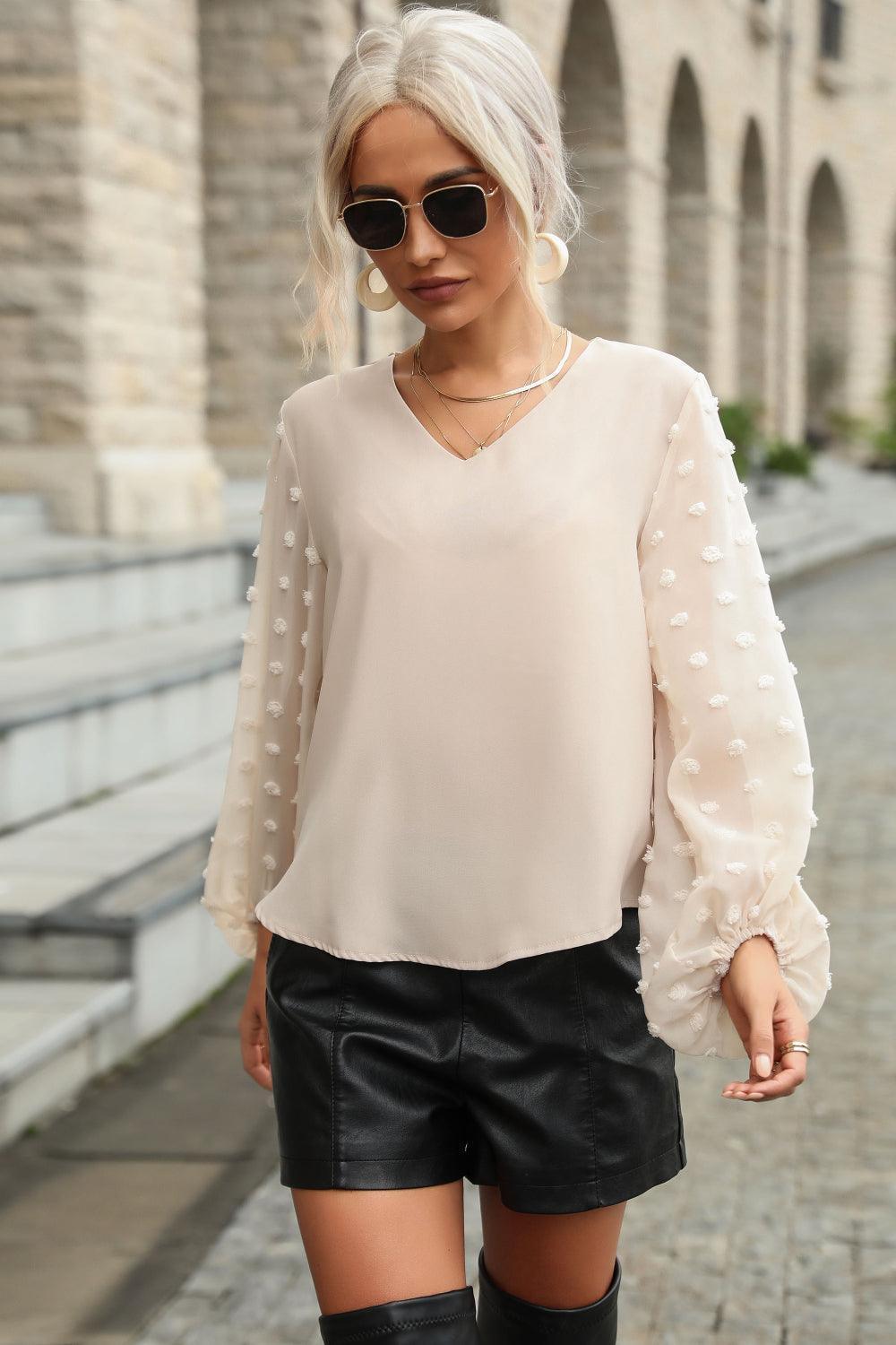 High-Class V-Neck Swiss Dot Blouse - MXSTUDIO.COM