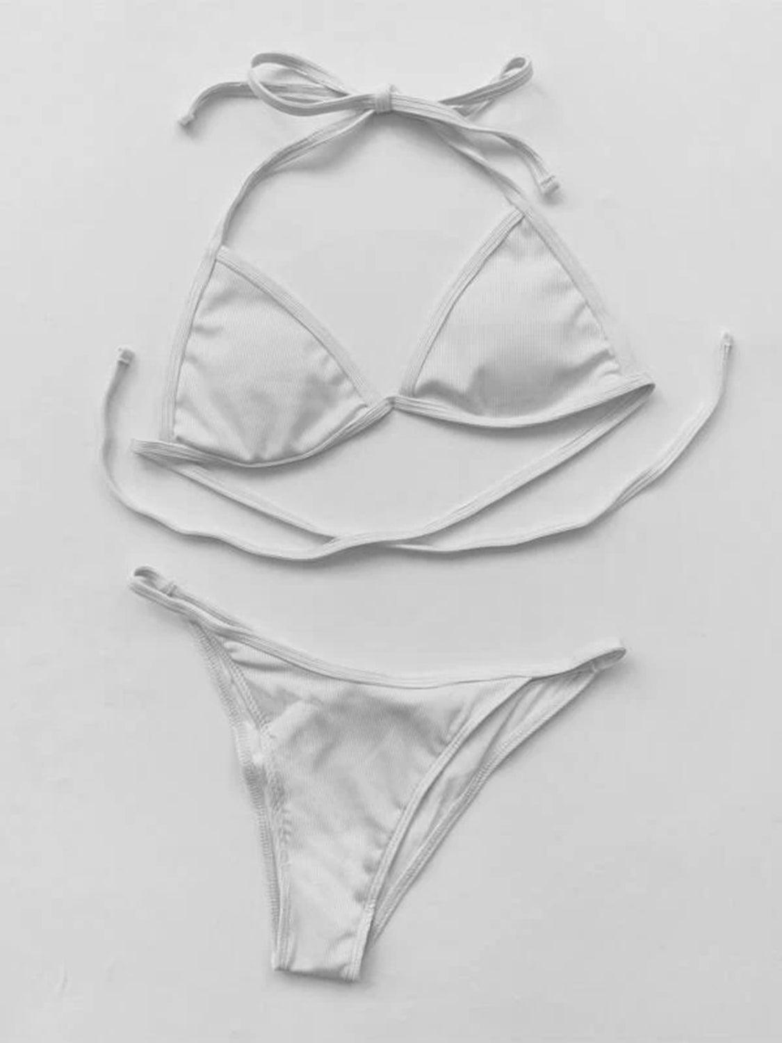 two pieces of white bikinisuit with ties