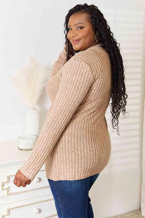 High-Fashion Plus Size Khaki Ribbed Long Sleeve T-Shirt - MXSTUDIO.COM