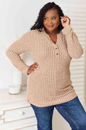 High-Fashion Plus Size Khaki Ribbed Long Sleeve T-Shirt - MXSTUDIO.COM