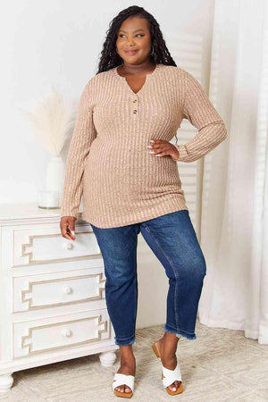 High-Fashion Plus Size Khaki Ribbed Long Sleeve T-Shirt - MXSTUDIO.COM