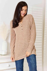 High-Fashion Plus Size Khaki Ribbed Long Sleeve T-Shirt - MXSTUDIO.COM