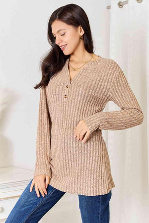 High-Fashion Plus Size Khaki Ribbed Long Sleeve T-Shirt - MXSTUDIO.COM