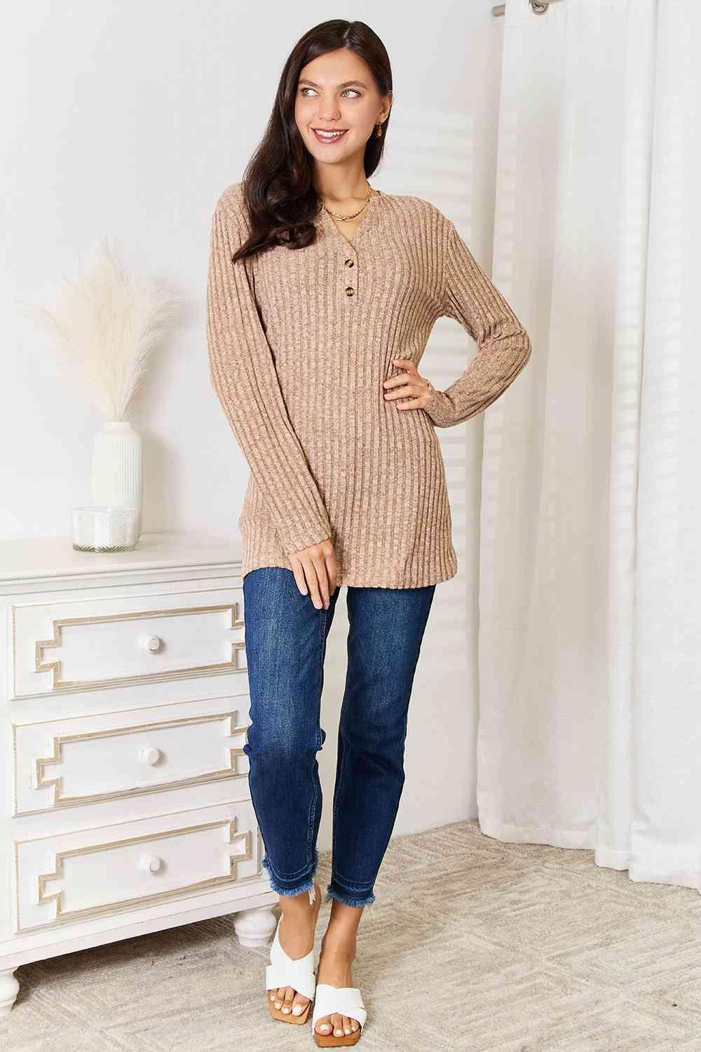 High-Fashion Plus Size Khaki Ribbed Long Sleeve T-Shirt - MXSTUDIO.COM