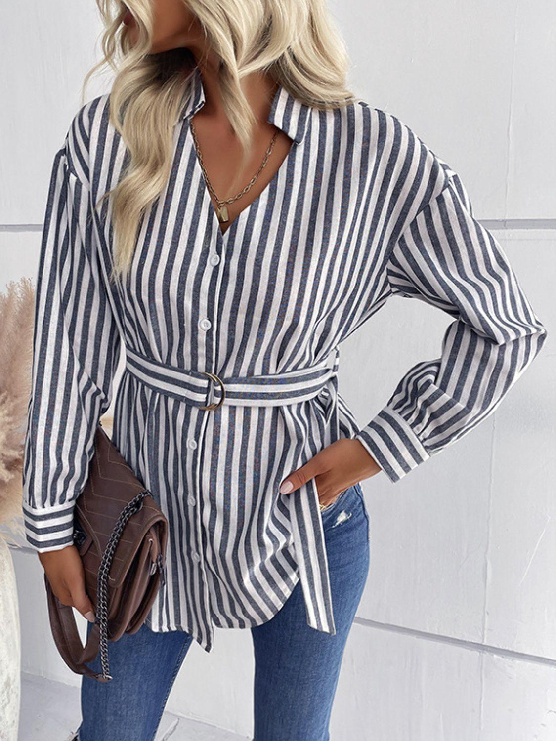 High Standard Striped Belted Shirt - MXSTUDIO.COM