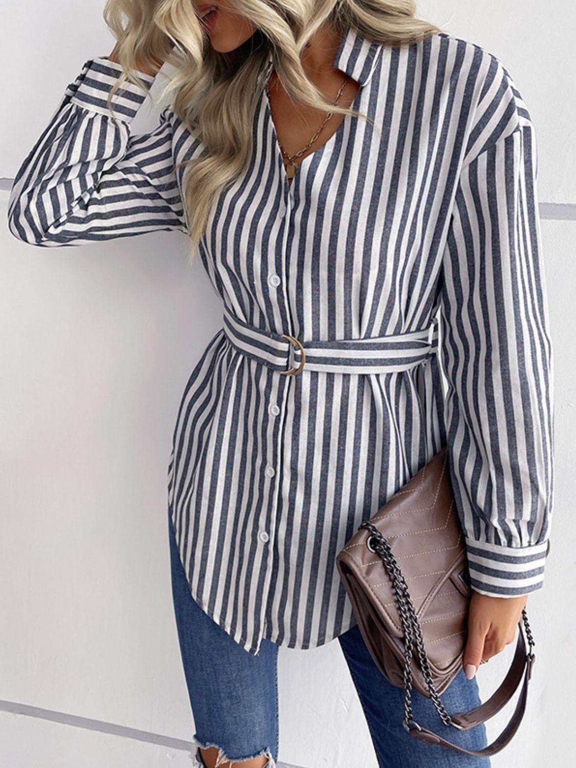 High Standard Striped Belted Shirt - MXSTUDIO.COM