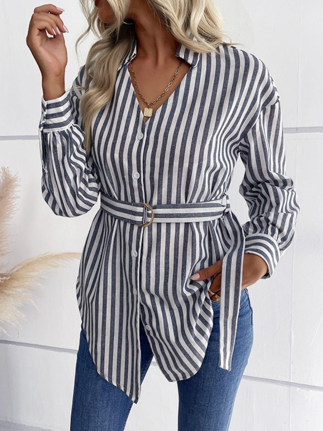 High Standard Striped Belted Shirt - MXSTUDIO.COM