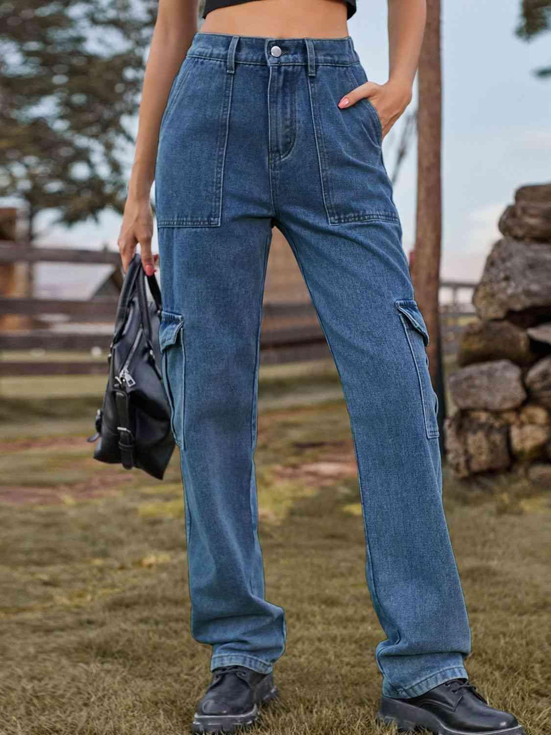 High Waist Straight Leg Cargo Pants Jeans - MXSTUDIO.COM