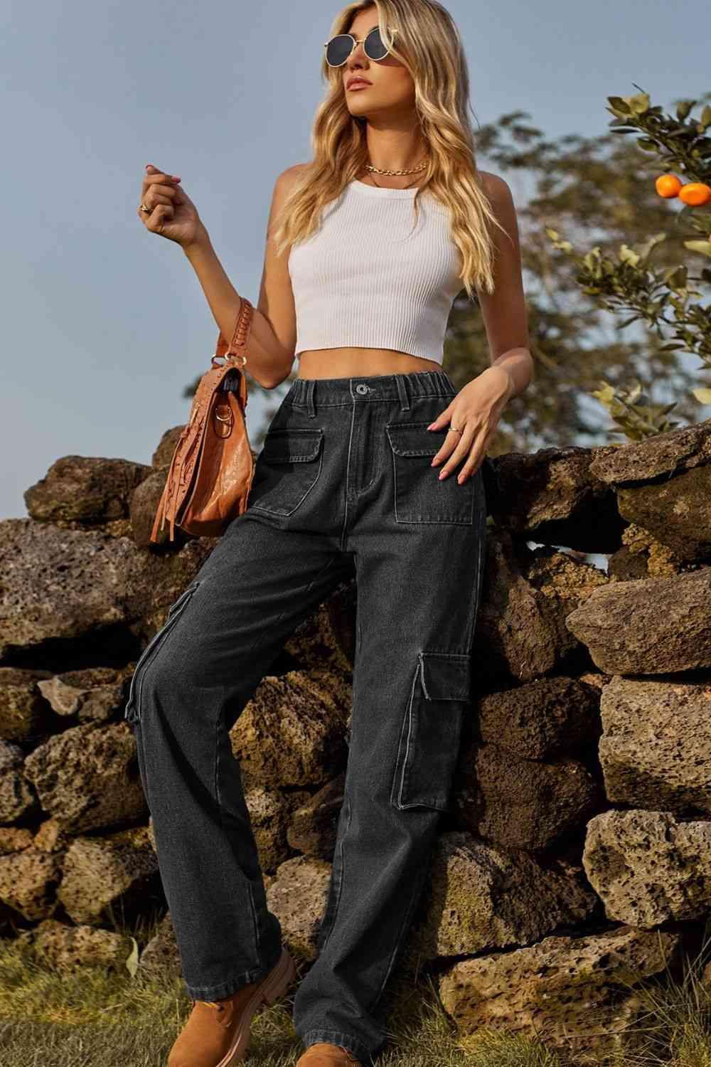 High Waist Straight Leg Loose Fit Cargo Jeans - MXSTUDIO.COM