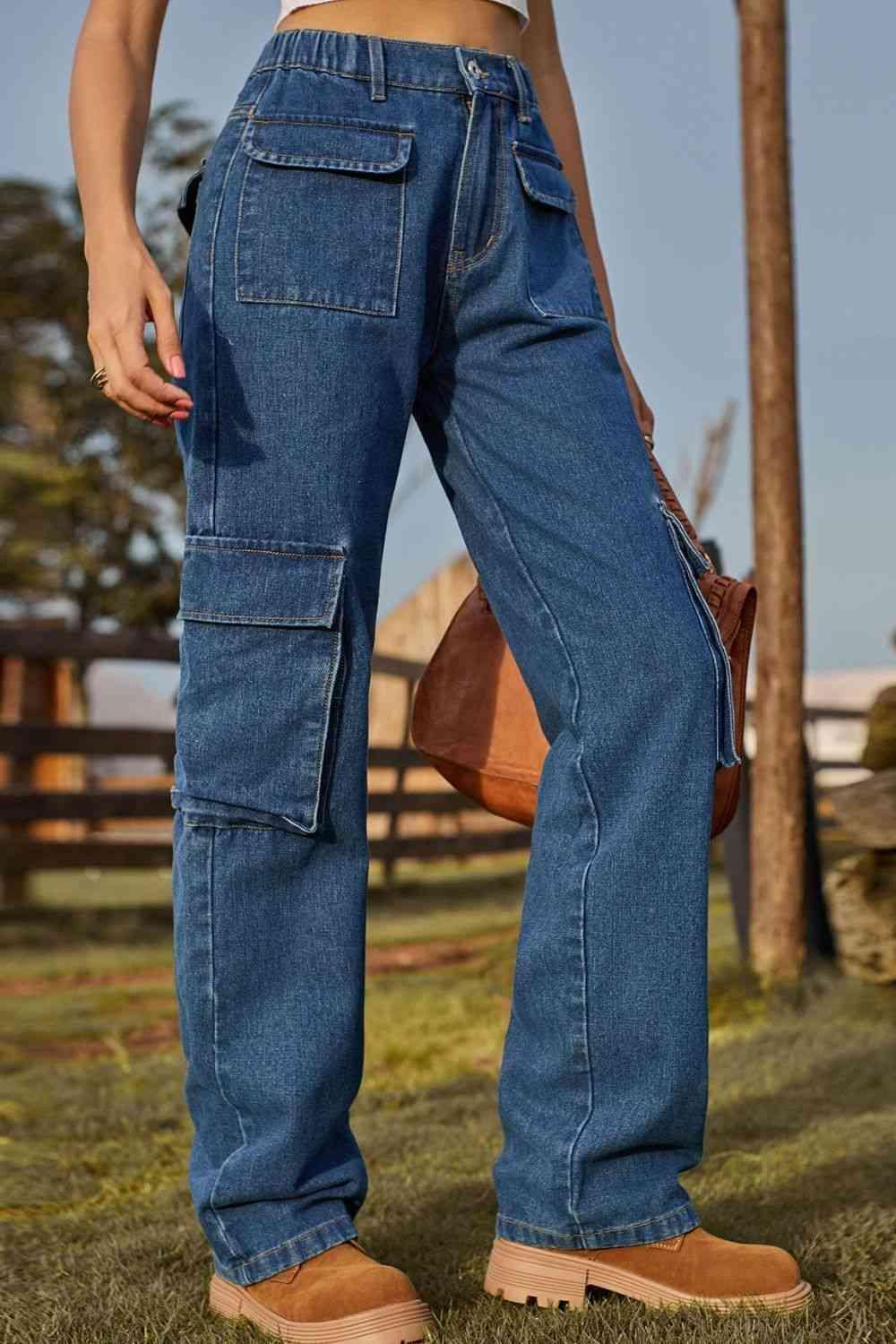 High Waist Straight Leg Loose Fit Cargo Jeans - MXSTUDIO.COM