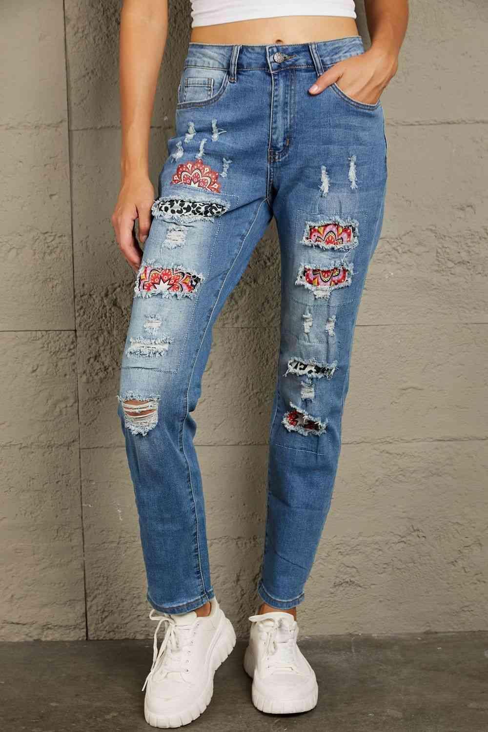 Hit The Street In Style Stretch Leopard Patch Jeans - MXSTUDIO.COM