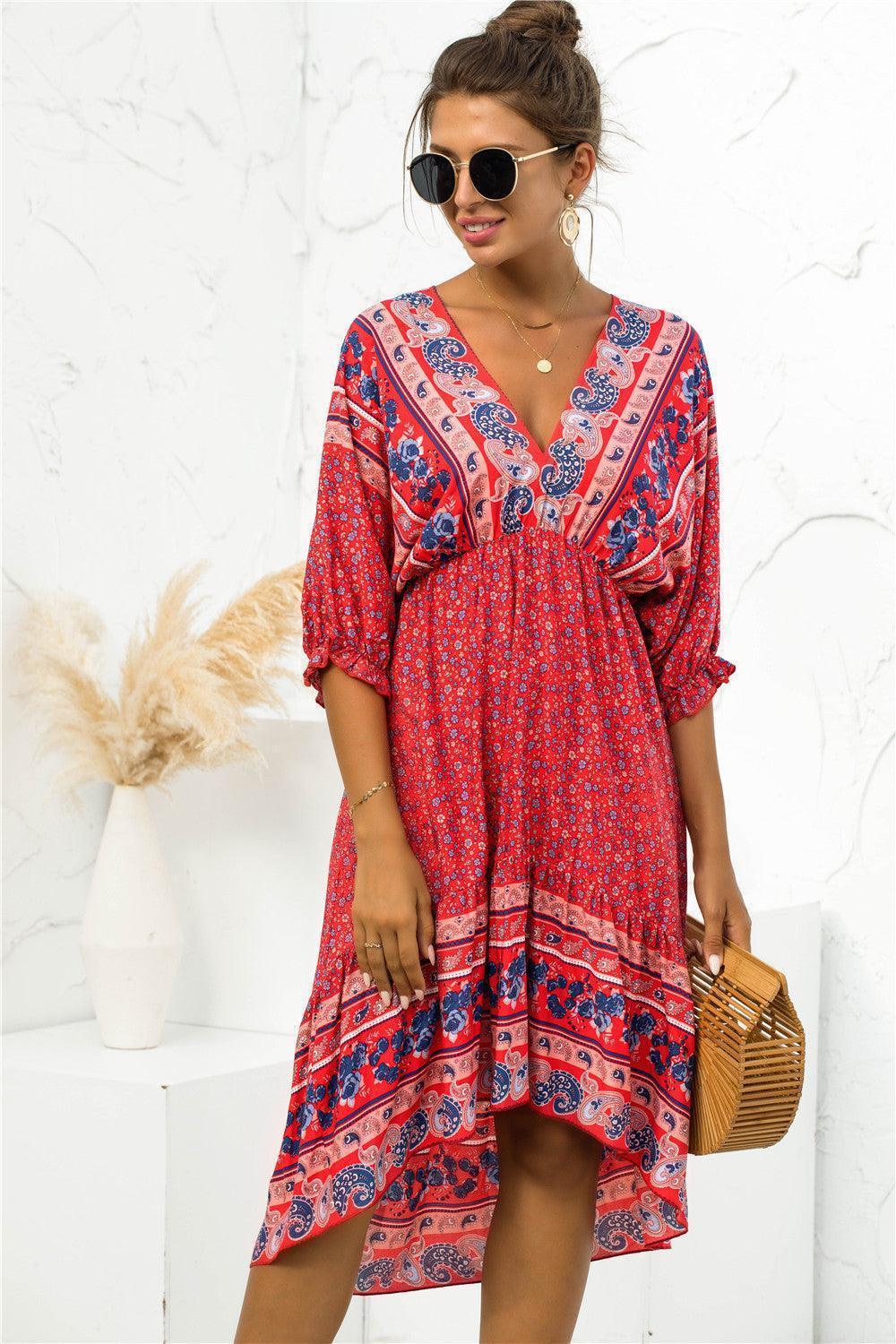 Holiday Getaway Bohemian V Neck Dress - MXSTUDIO.COM