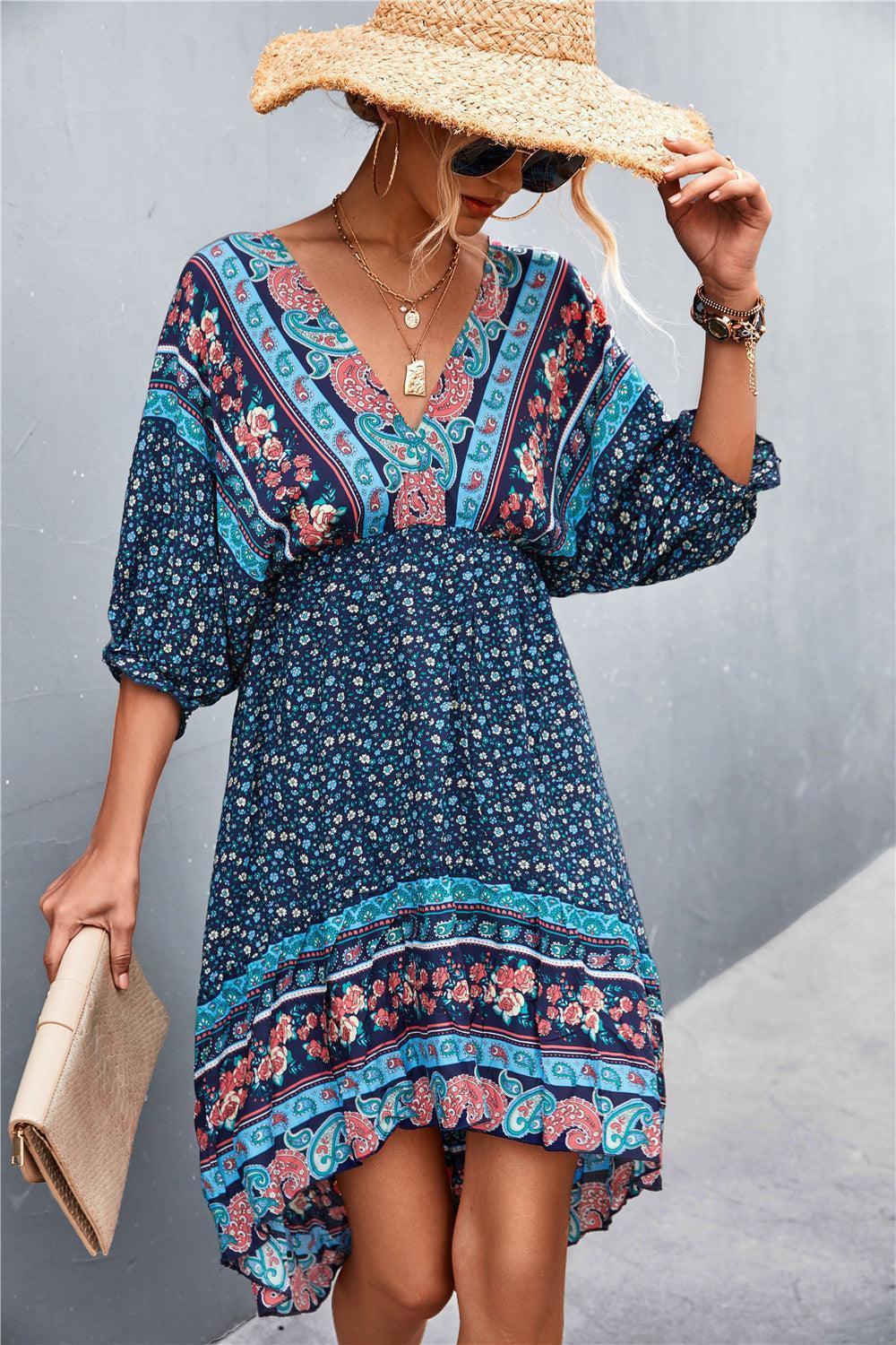 Holiday Getaway Bohemian V Neck Dress - MXSTUDIO.COM