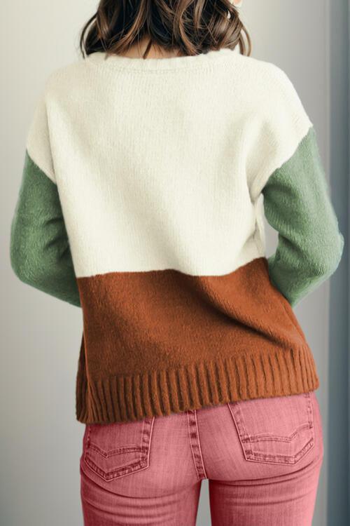 Homey Crew Neck Color Block Knit Sweater-MXSTUDIO.COM