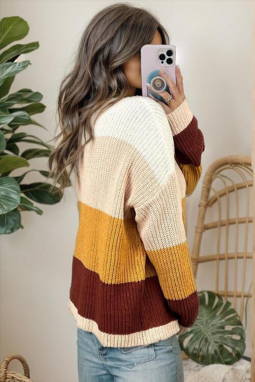 Homey Crew Neck Color Block Knit Sweater-MXSTUDIO.COM