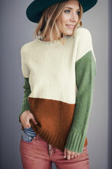 Homey Crew Neck Color Block Knit Sweater-MXSTUDIO.COM