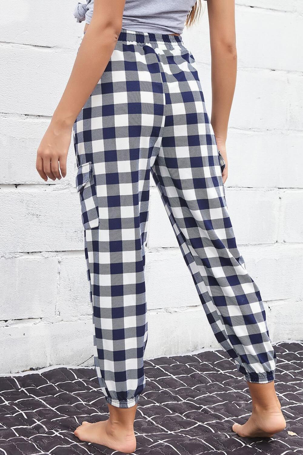 Homey Elastic High Waist Plaid Cargo Pants - MXSTUDIO.COM