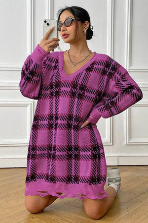 Homey Feels Distressed Plaid Sweater Dress-MXSTUDIO.COM