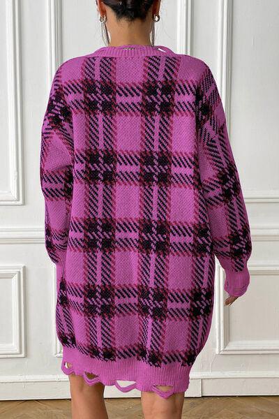 Homey Feels Distressed Plaid Sweater Dress-MXSTUDIO.COM