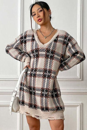 Homey Feels Distressed Plaid Sweater Dress-MXSTUDIO.COM