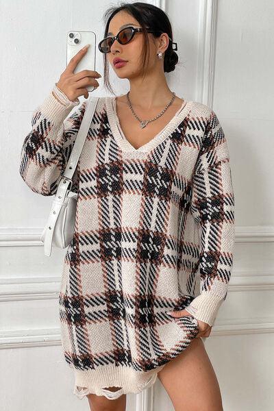 Homey Feels Distressed Plaid Sweater Dress-MXSTUDIO.COM