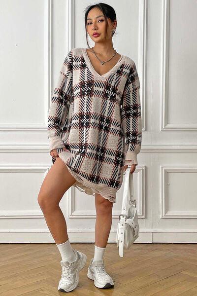 Homey Feels Distressed Plaid Sweater Dress-MXSTUDIO.COM