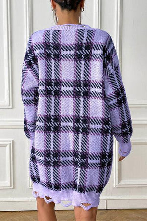 Homey Feels Distressed Plaid Sweater Dress-MXSTUDIO.COM