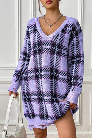 Homey Feels Distressed Plaid Sweater Dress-MXSTUDIO.COM