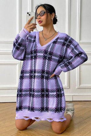 Homey Feels Distressed Plaid Sweater Dress-MXSTUDIO.COM