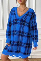 Homey Feels Distressed Plaid Sweater Dress-MXSTUDIO.COM